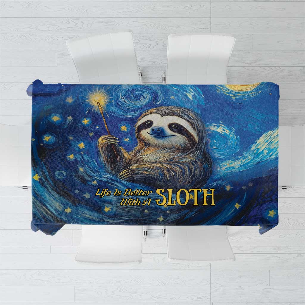 Blue starry night tablecloth with sloth illustration and swirling galaxy artwork