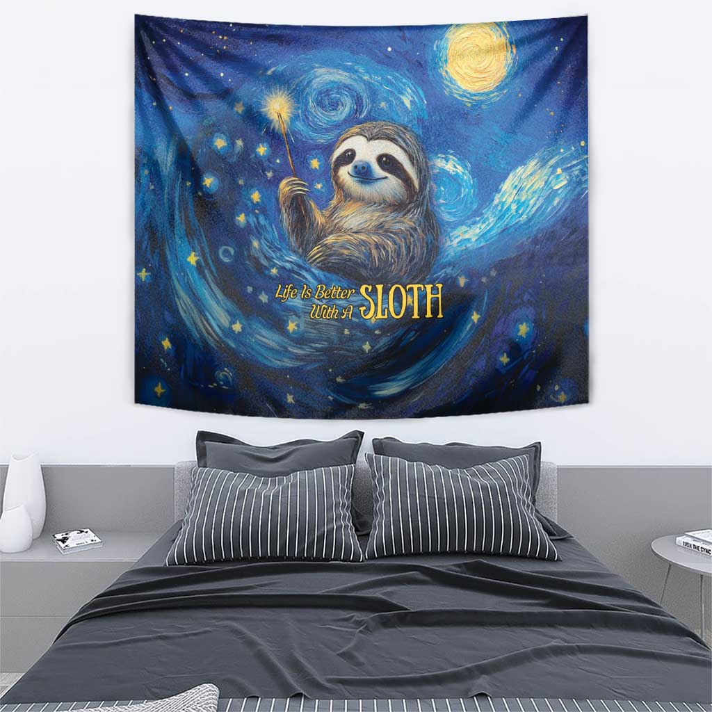 Rectangular blue sloth tapestry featuring starry sky swirls, glowing stars, and a large yellow moon