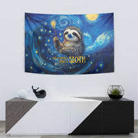 Blue starry sloth tapestry with cosmic swirls, small star dots, and a bright yellow moon