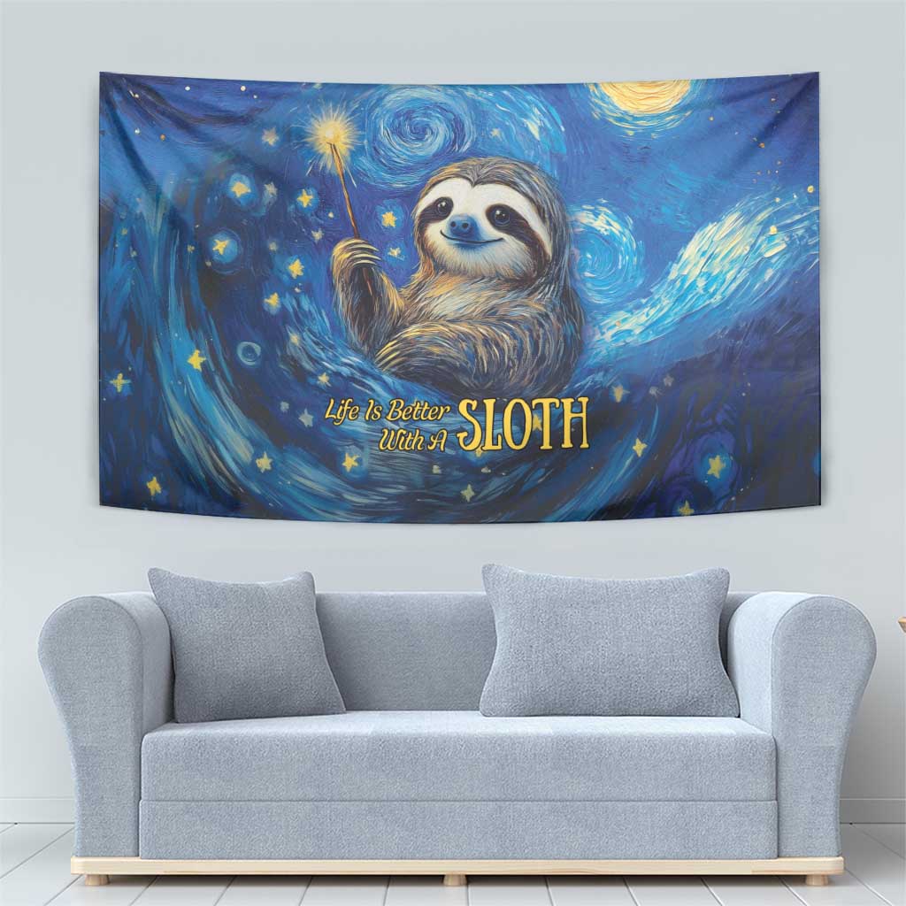 Blue night sky sloth tapestry with swirling clouds, golden stars, and a round yellow moon