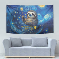 Blue night sky sloth tapestry with swirling clouds, golden stars, and a round yellow moon