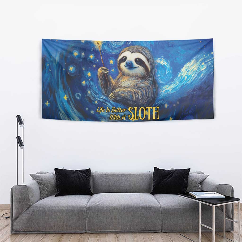 Blue starry sloth tapestry wall hanging with hammock pose, sparkles, and a glowing yellow moon