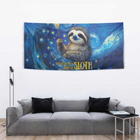 Blue starry sloth tapestry wall hanging with hammock pose, sparkles, and a glowing yellow moon