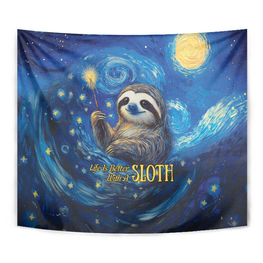 Close view blue sloth tapestry with star speckles, swirling galaxy background, and yellow moon
