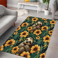 Green sloth and sunflower area rug with central sloth design