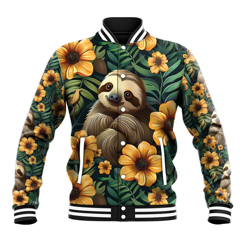 Green baseball jacket with sloth and yellow flowers, striped collar and cuffs, snap front