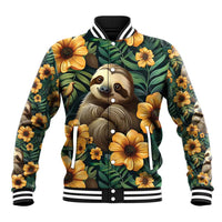 Green baseball jacket with sloth and yellow flowers, striped collar and cuffs, snap front