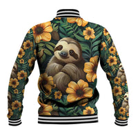 Green baseball jacket back design with sloth face and yellow flowers, striped trim at hem