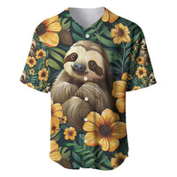 Green sloth & flower short-sleeve baseball jersey with button front, all-over print