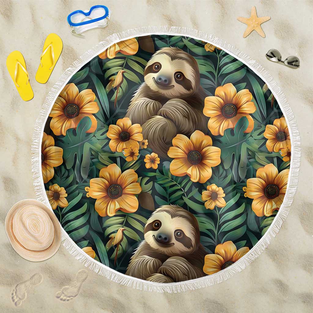 Round green beach blanket with sloth face and yellow flowers, white fringe border