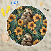 Round green beach blanket with sloth face and yellow flowers, white fringe border