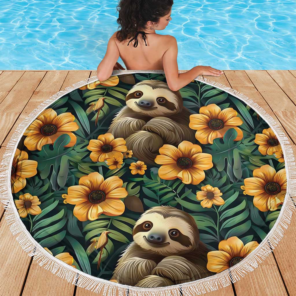 Round green beach blanket with sloth-and-flower print and white fringed edge