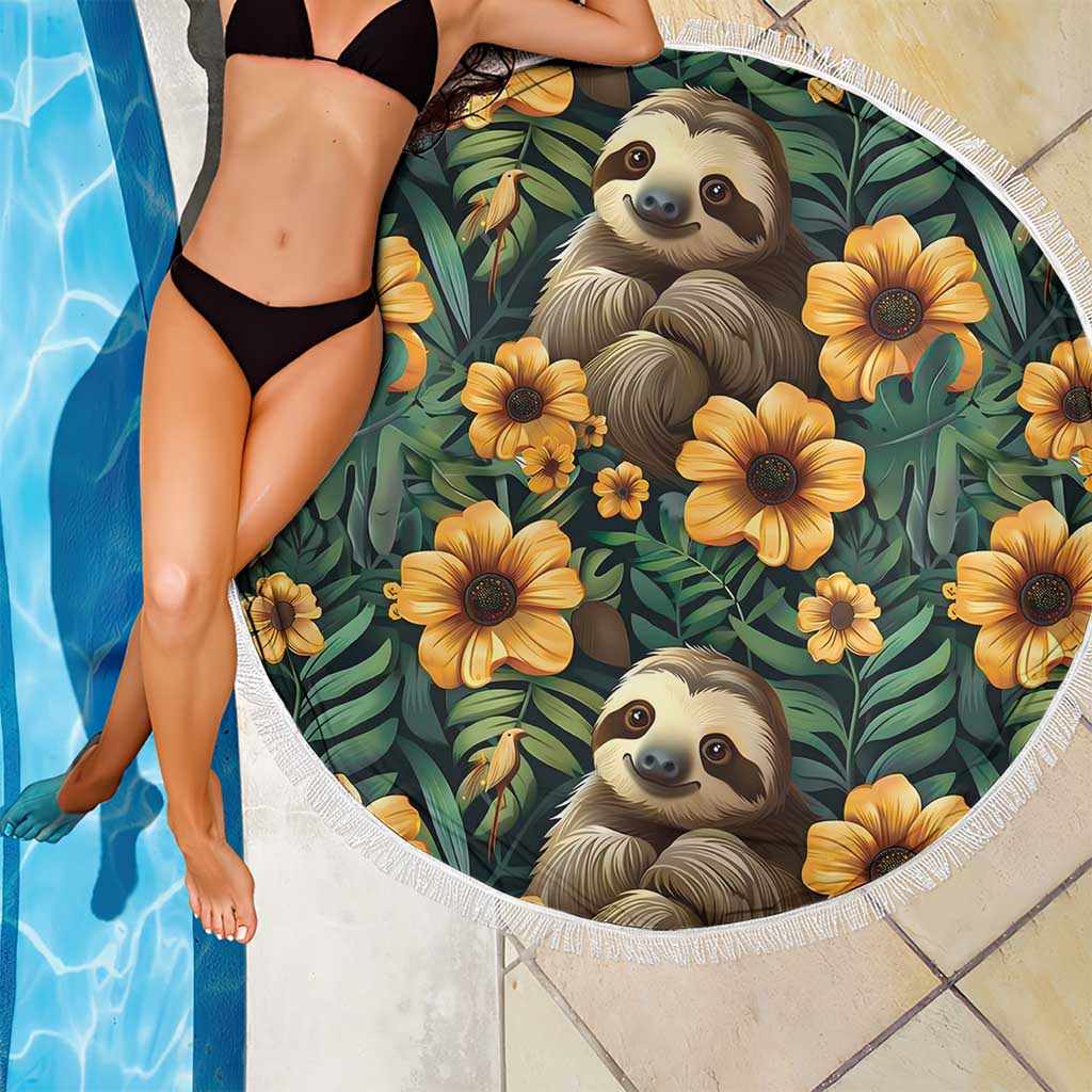 Round green beach blanket with two sloth portraits, yellow flowers, white fringed border