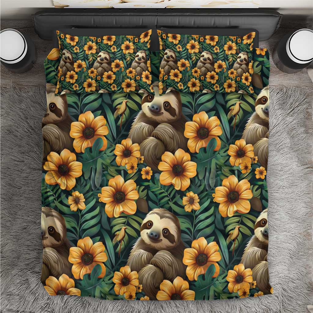 Green sloth and yellow flower bedding set with matching pillowcases, front view