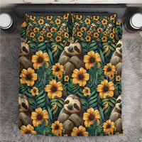 Green sloth and yellow flower bedding set with matching pillowcases, front view