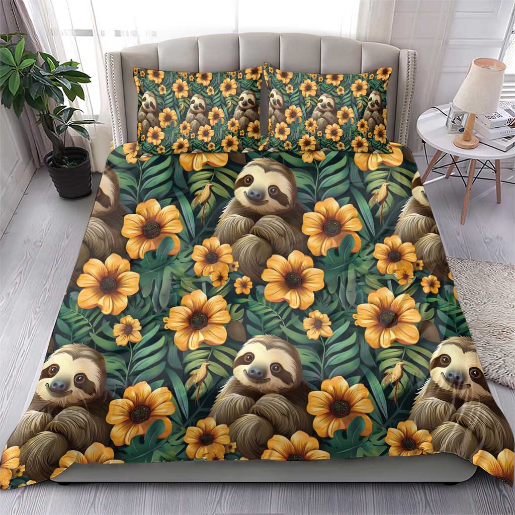 Green sloth and yellow flower duvet cover with two pillowcases, bed styling