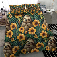 Green sloth and yellow flower duvet cover with matching pillowcase, corner view