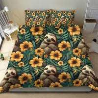 Green sloth and yellow flower bedding set with pillowcases, full bed view