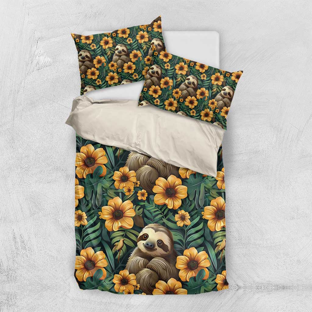 Green sloth and yellow flower duvet cover set with two pillowcases, flat lay