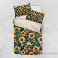 Green sloth and yellow flower duvet cover set with two pillowcases, flat lay
