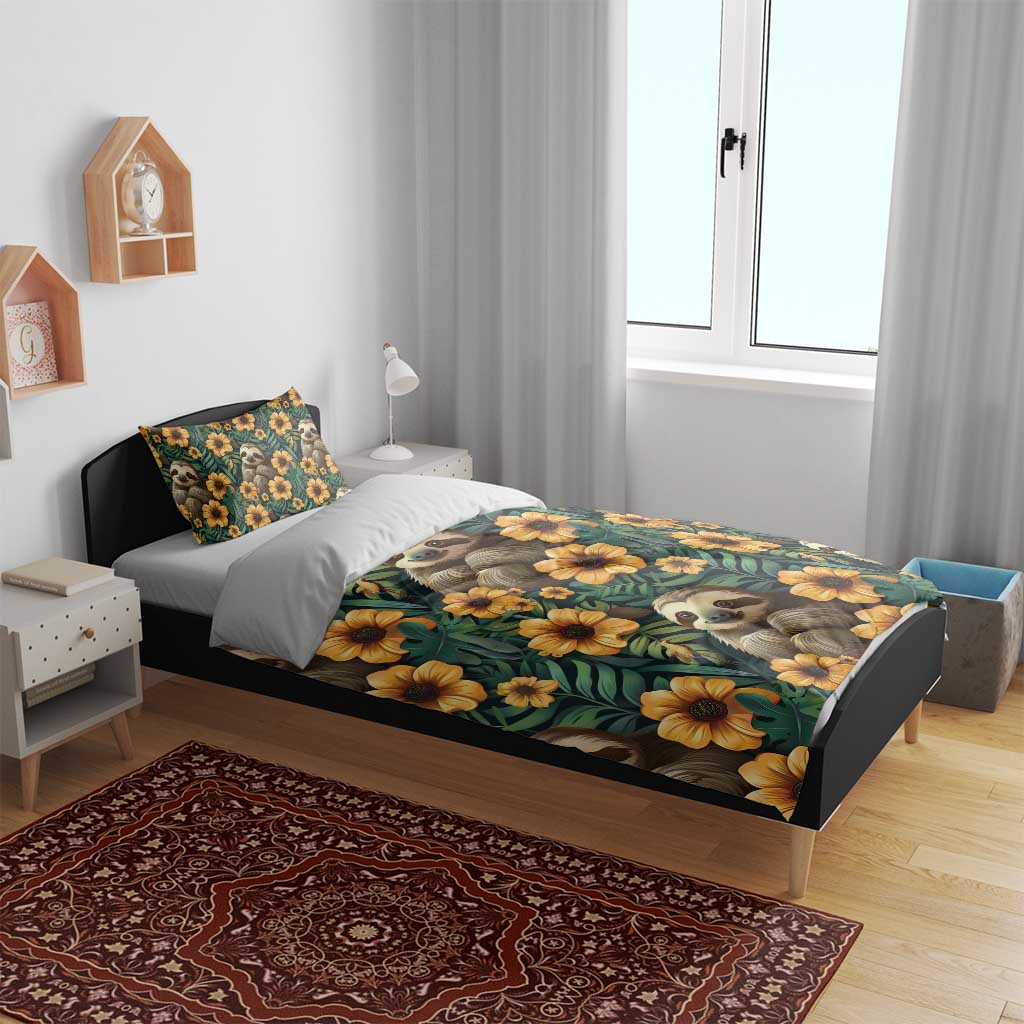 Green sloth and yellow flower bedding set on bed with duvet and pillowcases