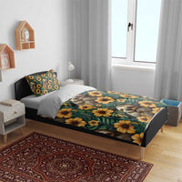 Green sloth and yellow flower bedding set on bed with duvet and pillowcases