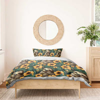 Green sloth and yellow flower duvet cover with matching pillowcase, bed in room