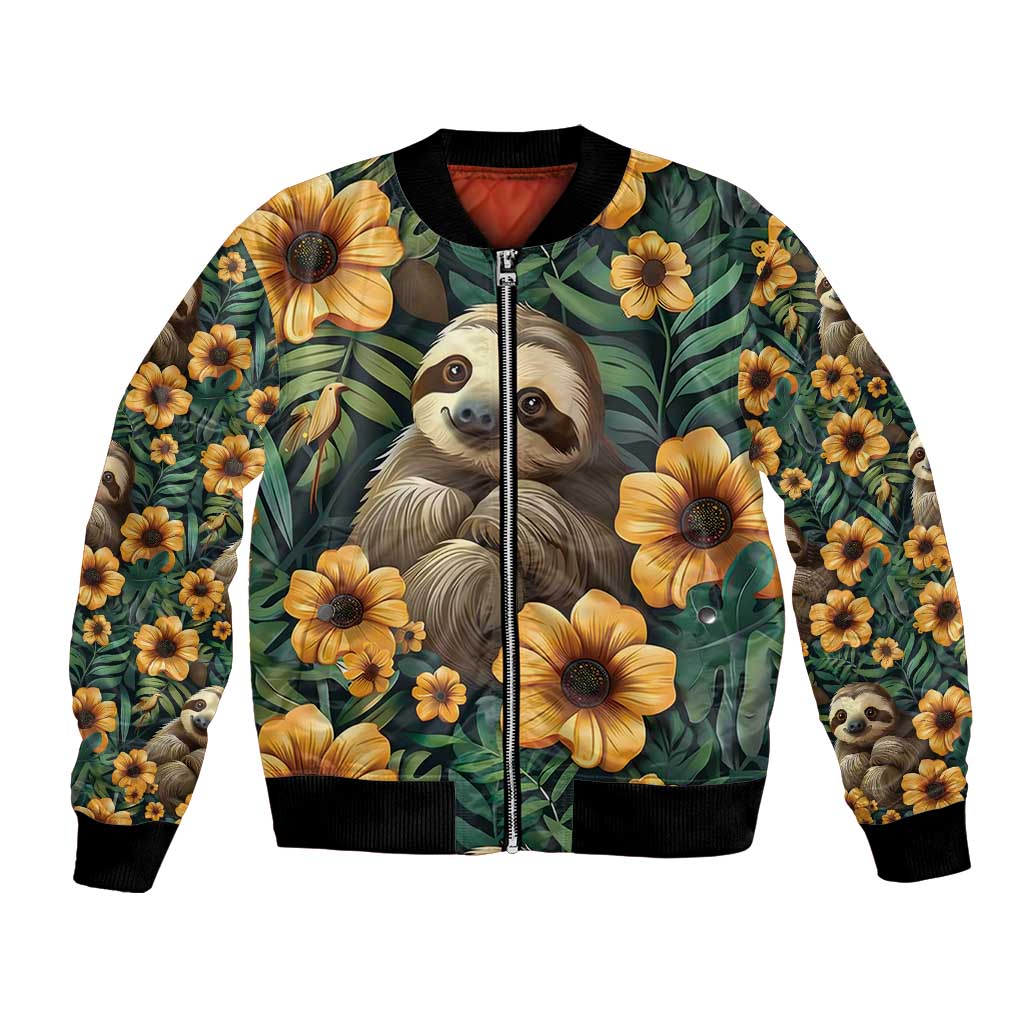 Green bomber jacket with sloth and yellow flowers, full front zipper and ribbed cuffs