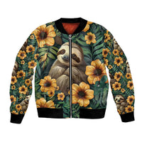 Green bomber jacket with sloth and yellow flowers, full front zipper and ribbed cuffs