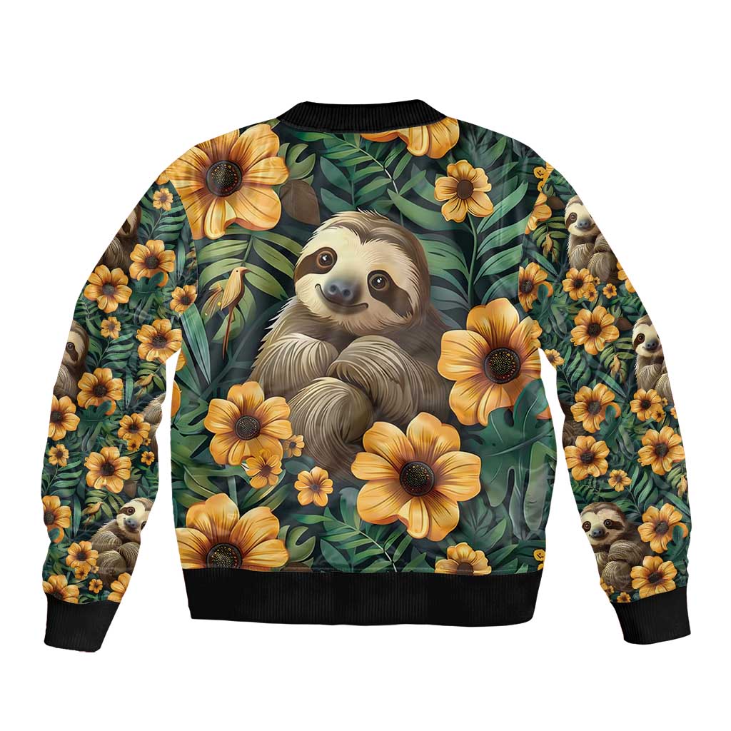 Green bomber jacket with sloth face and yellow tropical flowers, black ribbed hem and cuffs
