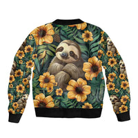 Green bomber jacket with sloth face and yellow tropical flowers, black ribbed hem and cuffs
