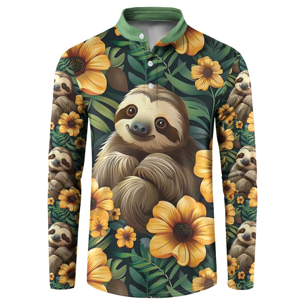 Green button sweatshirt with sloth and yellow flower print, long sleeves, polo collar