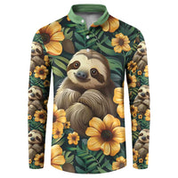 Green button sweatshirt with sloth and yellow flower print, long sleeves, polo collar