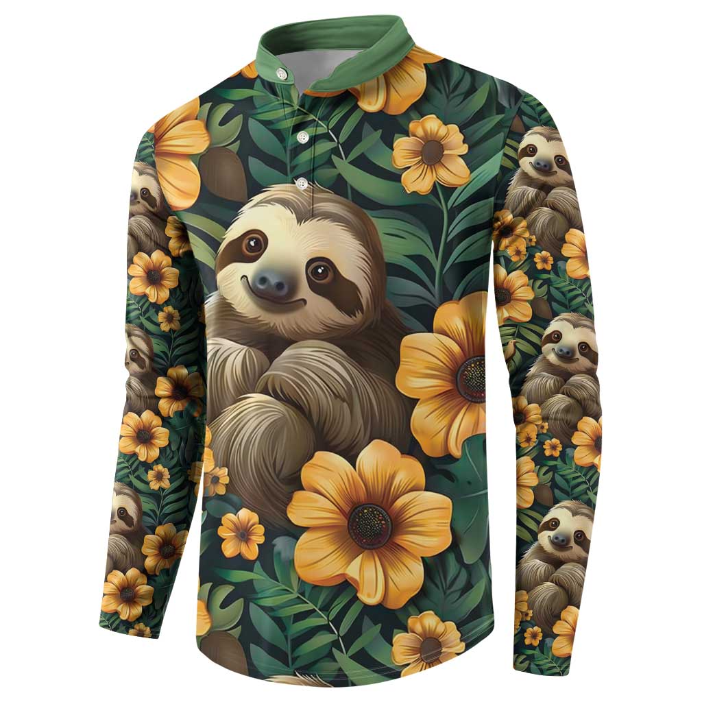 Green polo-style sweatshirt with sloth face and yellow flowers, button front, long sleeves