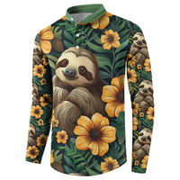 Green polo-style sweatshirt with sloth face and yellow flowers, button front, long sleeves