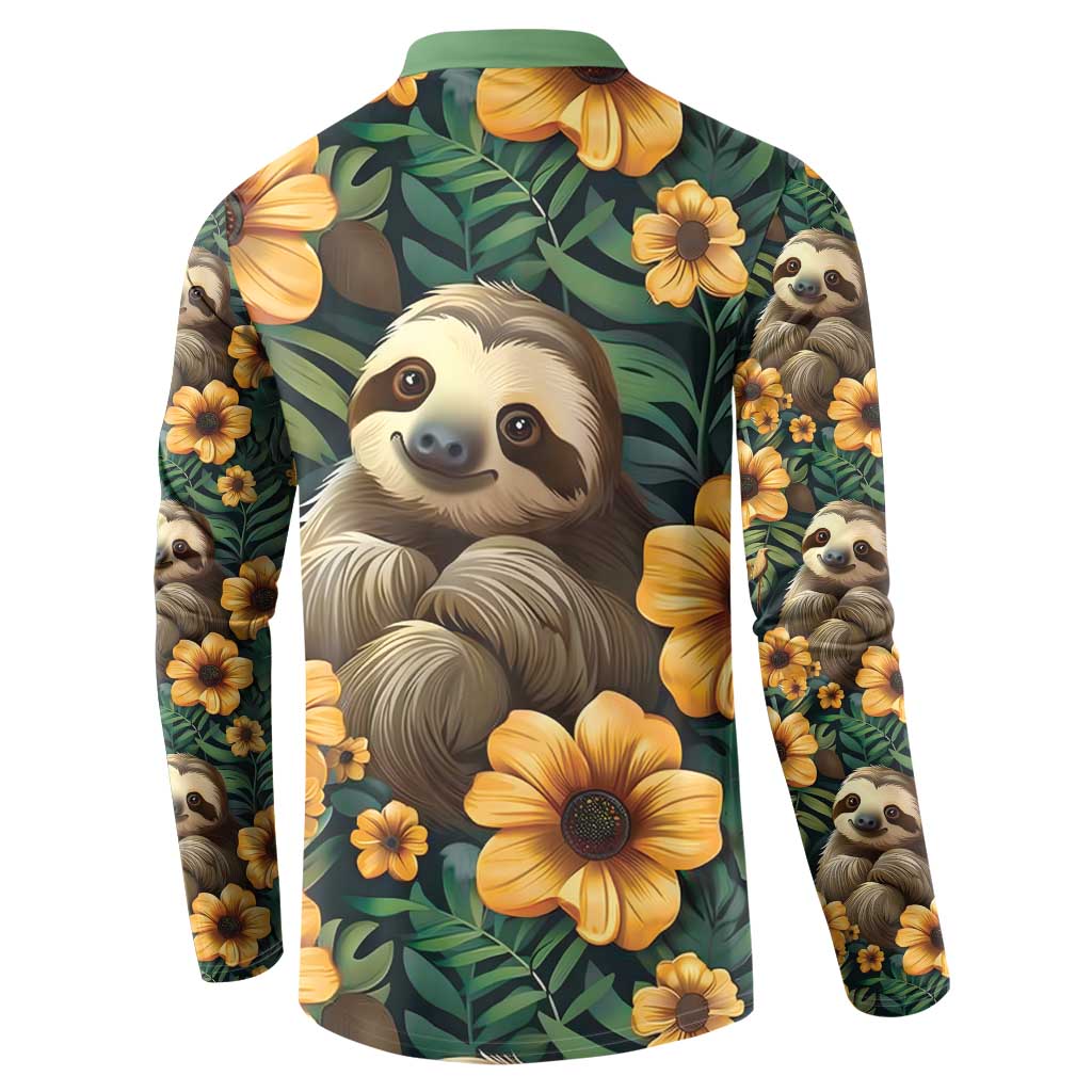 Green button sweatshirt with sloth graphic and yellow flowers, back view, long sleeves