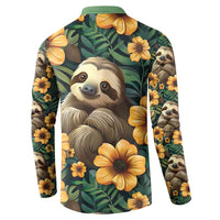 Green button sweatshirt with sloth graphic and yellow flowers, back view, long sleeves