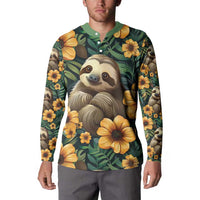 Green long-sleeve button sweatshirt with sloth and yellow flowers, polo collar on model