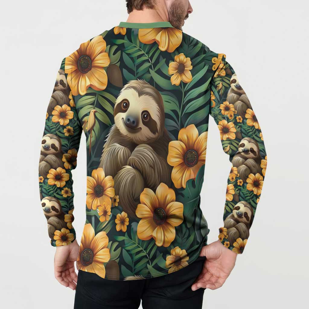 Green sloth-and-yellow-flower button sweatshirt, back and side print, long sleeves