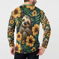 Green sloth-and-yellow-flower button sweatshirt, back and side print, long sleeves