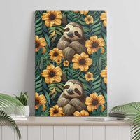 Green sloth canvas wall art with yellow flowers, tropical leaf background, on a mantel.