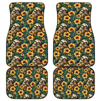 Green sloth and flower car mat set with 4 pieces, standing pattern front view