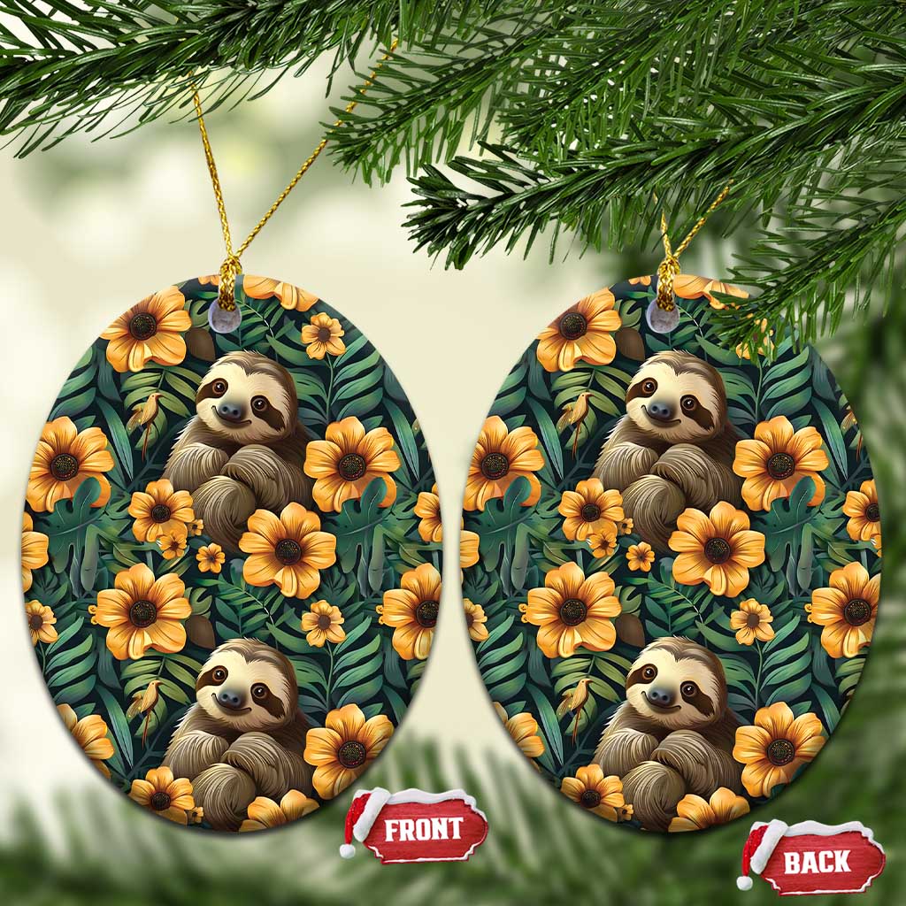 Oval ceramic ornament with sloth holding flowers, orange blooms on dark green leaf pattern