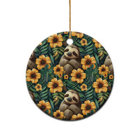 Round ceramic ornament with sloth among orange and yellow flowers on dark green foliage