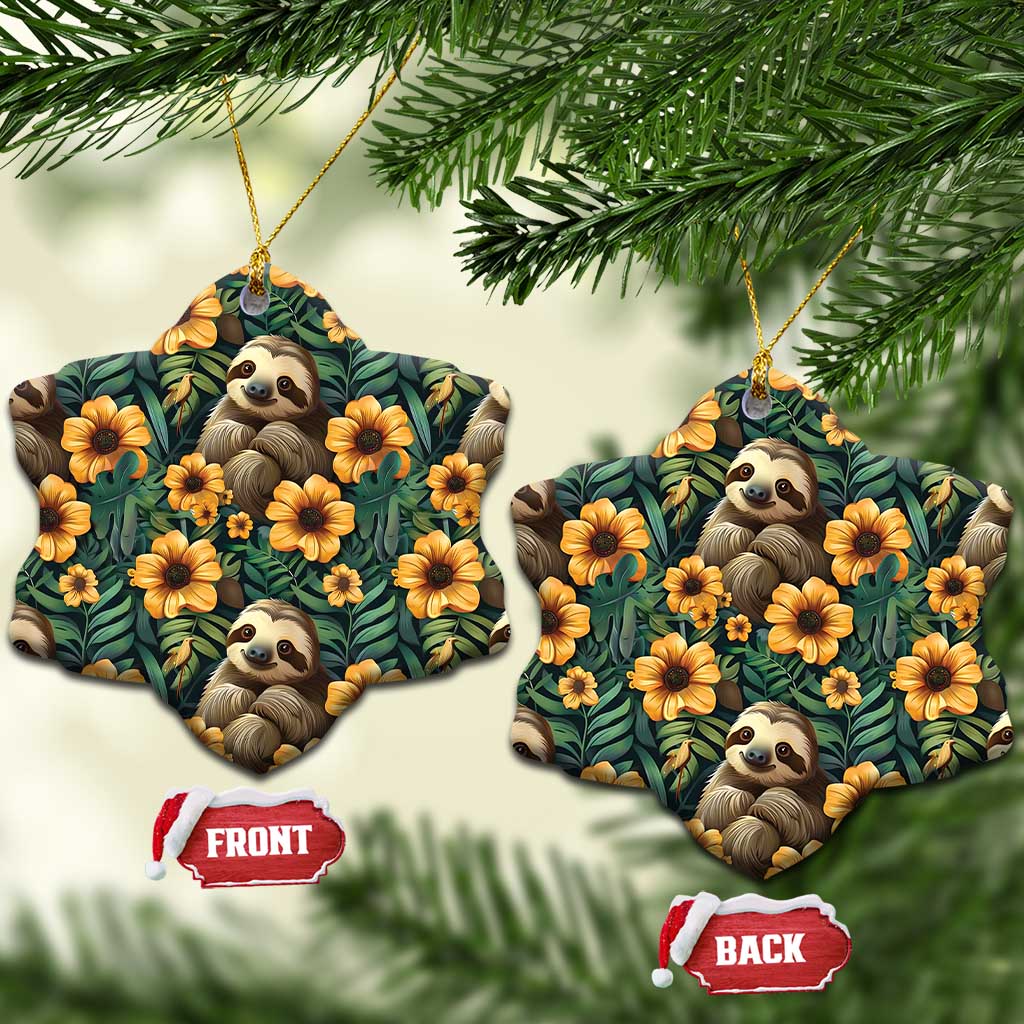 Snowflake-shaped ceramic ornament with sloths and orange flowers on dark green leaf pattern