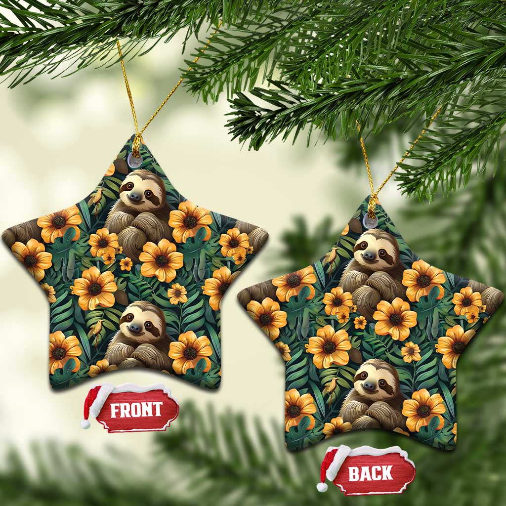 Star-shaped ceramic ornament with sloths and orange flowers on dark green foliage pattern