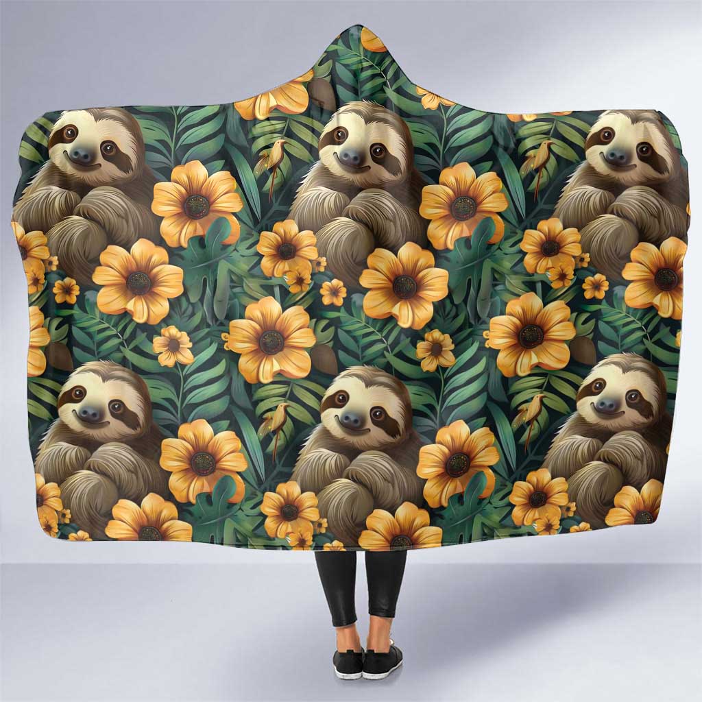 Sloth with Flowers Seamless Style Hooded Blanket