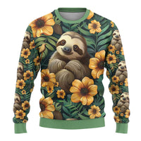 Green crewneck sweater with large sloth portrait and yellow flowers, long sleeves