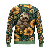 Green crewneck sweater with sloth graphic and yellow flowers, back view, long sleeves