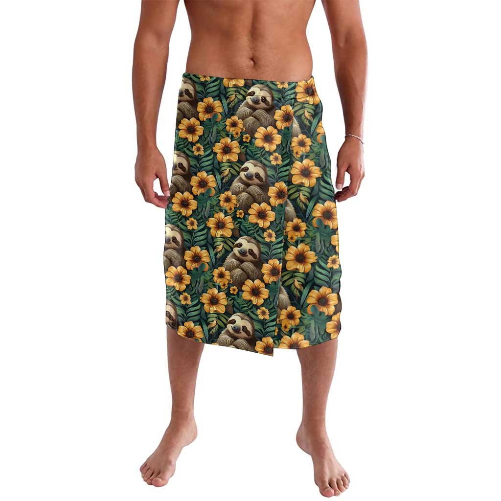 Green seamless lavalava skirt with sloth and yellow flower print, knee length